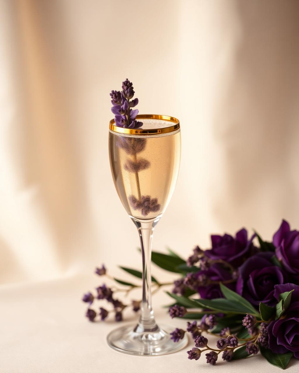Signature lavender cocktail with gold-rimmed coupe
