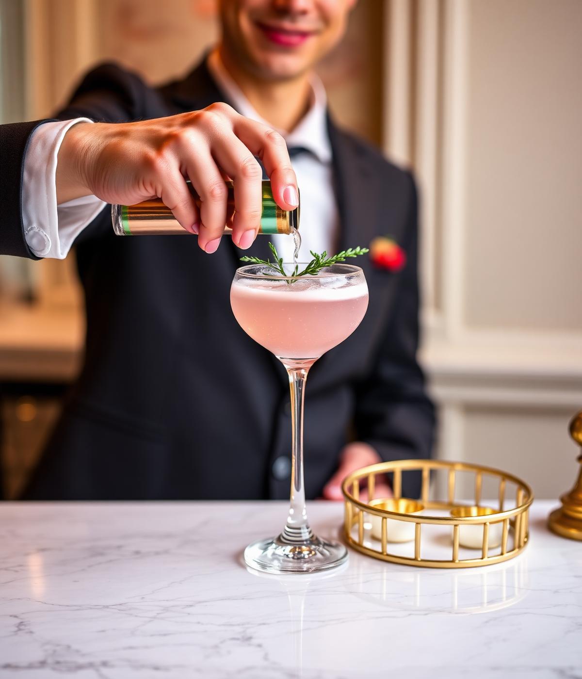 Bartender pouring a signature cocktail at an elegant marble bar